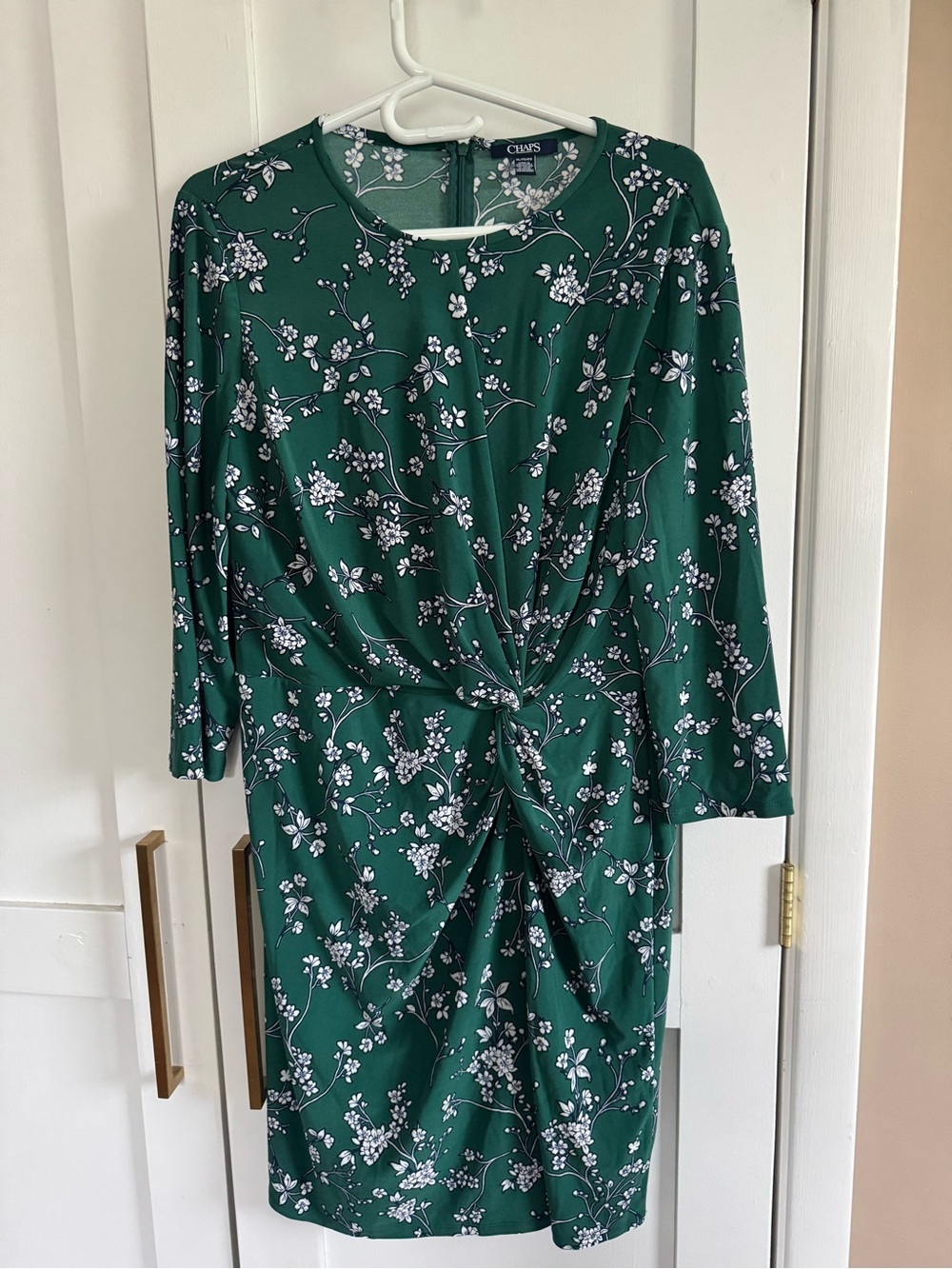 Chaps Emerald Green Floral Twist-Front Long Sleeve Dress